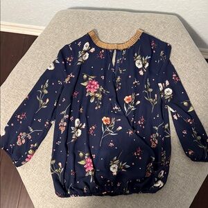 Moa Moa Navy Floral Blouse with Gold Trim